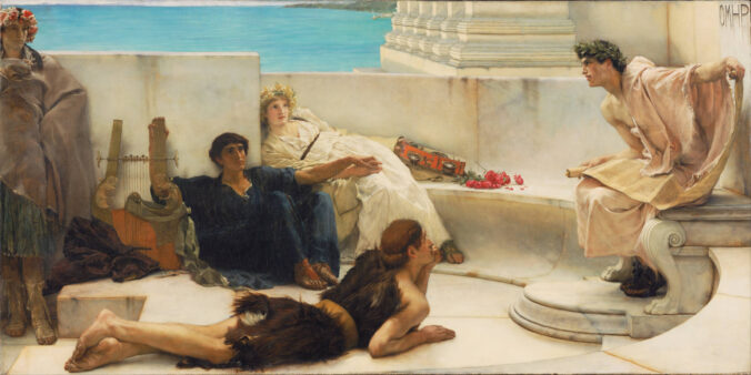 A Reading from Homer (sometimes Listening to Homer) is an oil-on-canvas painting executed in 1885 by the English artist Lawrence Alma-Tadema. It depicts an imaginary festival scene from ancient Greece with youth reading poetry to a small audience on a marble balcony overlooking the sea.